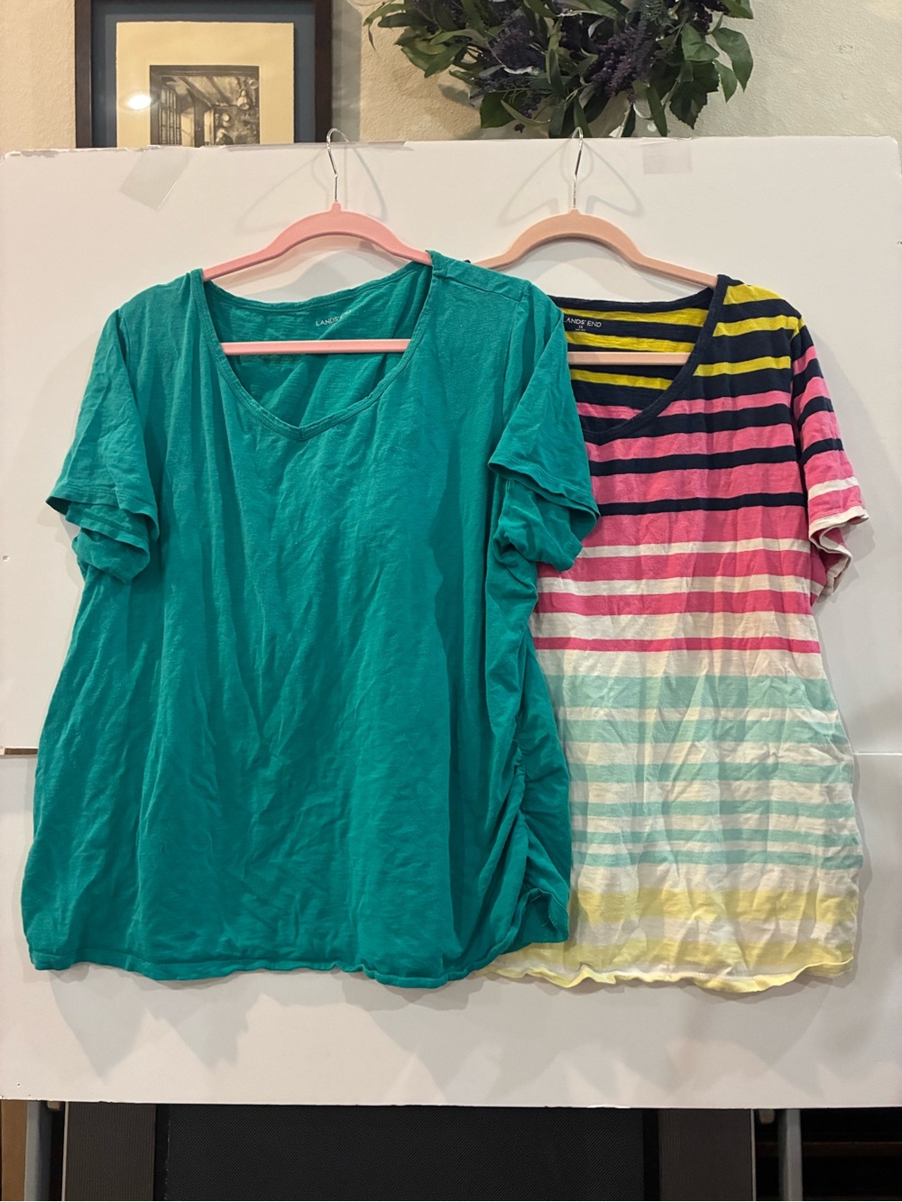 Lands’ End 1X V‑Neck Tees — Teal & Striped — Side Ruching — Bundle of 2